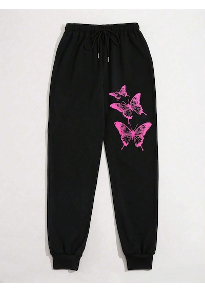 Butterfly Print Drawstring Waist 4 Mevsim Eşofman Siyah