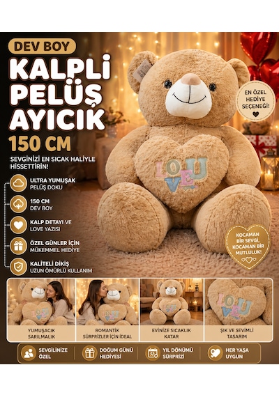Dev Boy Kalpli Peluş Ayıcık 150 Cm Ultra Yumuşak Büyük Boy Sevgiliye Özel Hediye Ayı Kahverengi