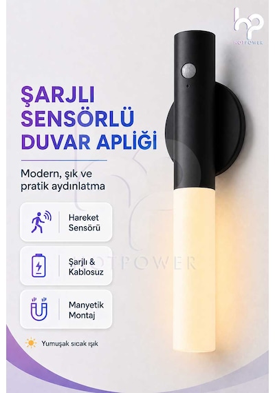 Şarjlı Sensörlü Duvar Apliği Manyetik Kablosuz Led Gece Lambası Type-c Siyah