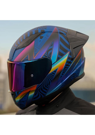 Şeffaf + Gökkuşağı Vizörlü + Yarış Spoiler + Ls2 Rapid 2 Optik Race Kapalı Motosiklet Kaskı Mavi - Mor