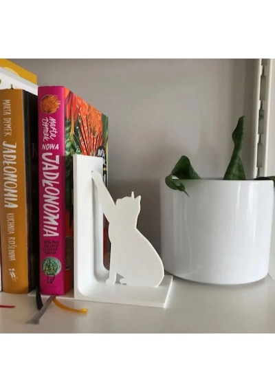 Beyaz Kedi Figürlü Dekoratif Kitap Tutucu, Kitap Desteği, Kedili Kitaplık Süsü