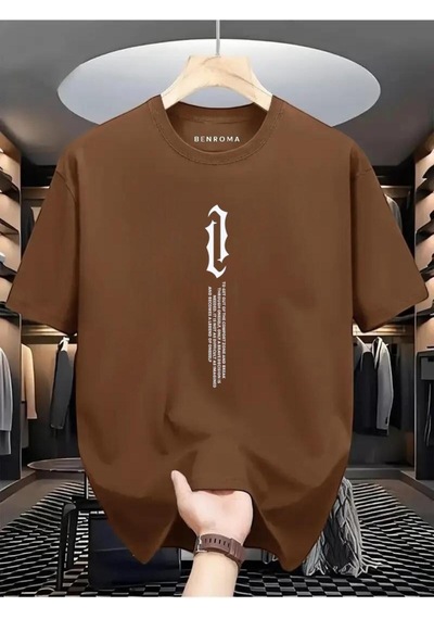 Dikey Yazı Baskılı Oversize Tişört Kahverengi
