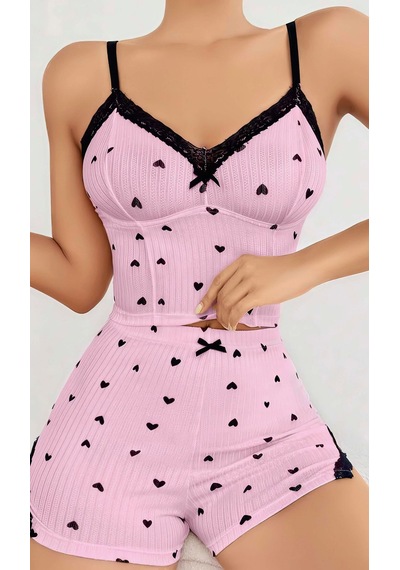Kadın Pembe Kalp Desenli Askılı Şortlu Pijama Takım 5013