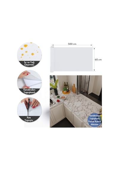 Technosmart 60x500cm Mermer Desen Kendinden Yapışkanlı Duvar Kağıdı Kaplama Mutfak Tezgeh Masa Folyo Beyaz