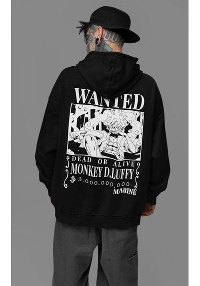 Sevbano Anime Karakter Baskılı Unisex Oversize Monkey D. Luffy Hoodie Siyah