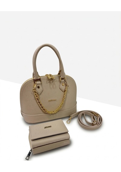Just Polo Kadın Zincir Detaylı Şık El & Omuz Çantası Ve Cüzdan Seti Shoulder Bag Ebat : 25x22 Cm Taş