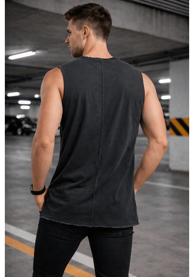 Erkek Kolsuz Regular Fit Basic Atlet Yan Yırtmaçlı Pis Yaka Tişört Gri