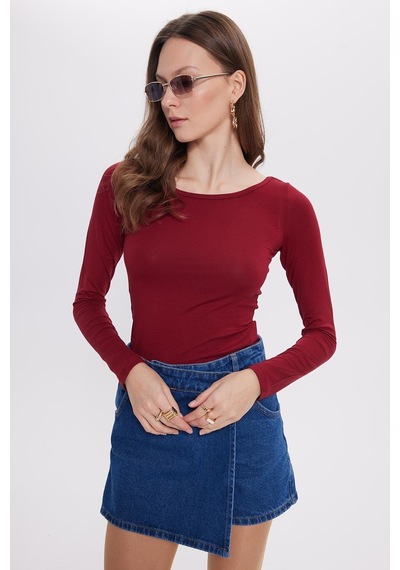 Tudors Kadın Slim Fit Dar Kesim Uzun Kollu Viskon Bordo Bluz-35200 Bordo