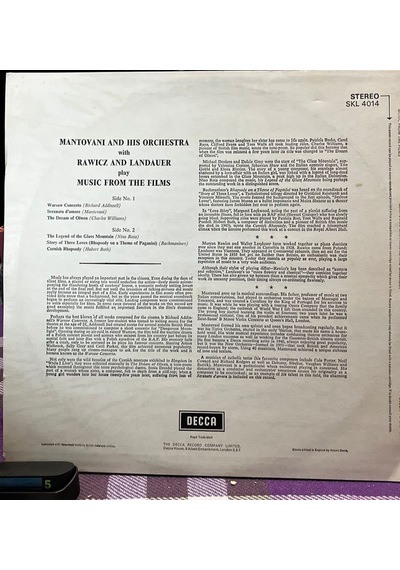Mantovani And His Orchestra With Rawicz And Landauer - Music From The Films Decca Skl 4014 Stereo Lp