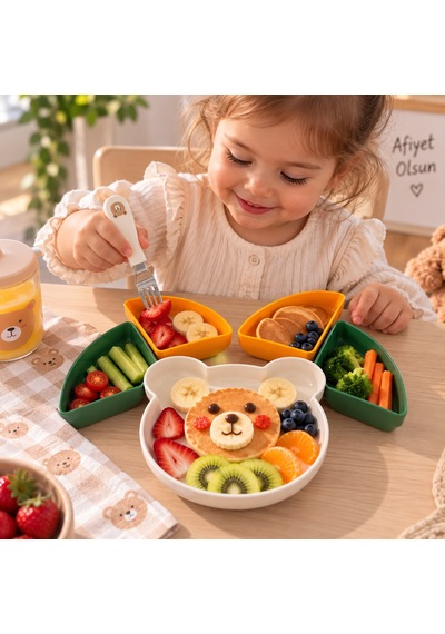 Ayıcık 4 Bölmeli Çocuk Mama Tabağı Çıkarılabilir 4 Lü Kap Renkli