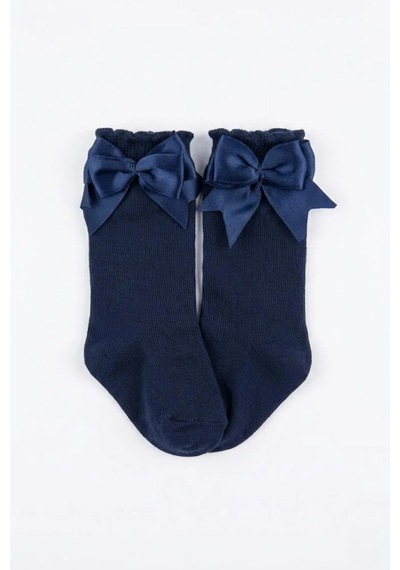 Cocole Socks Kız Çocuk Aksesuarlı Dizaltı Çorabı Tekli Pamuklu Düz Lacivert Fiyonklu