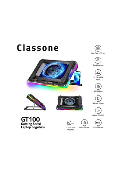 Classone Gt100 Gaming Laptop Sogutucu 2200rpm, Rgb Işıklı, Led Display Notebook Soğutucu Stand