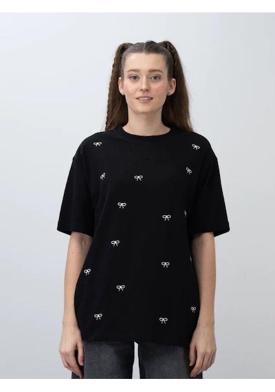 Zekids Kız Çocuk Fiyonk Nakışlı Oversize Tshirt-15536 Siyah Beyaz