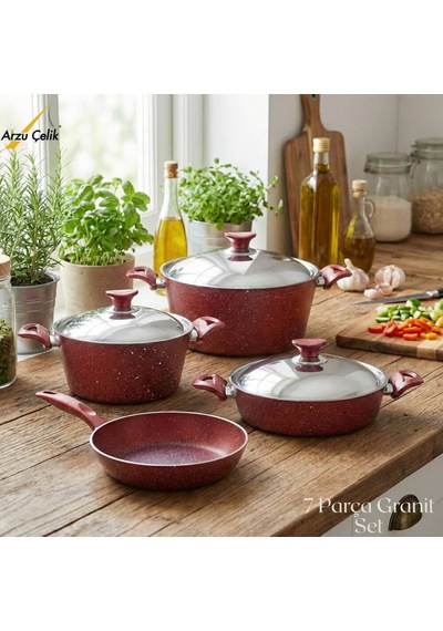7 Parça Granit Set Çelik Kapak - Kırmızı Kırmızı