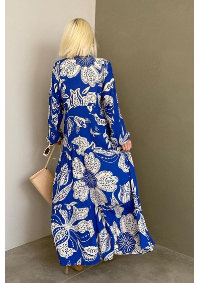 Madmext Saks Desenli Düğmeli Uzun Kollu Elbise Mg2397 Saks