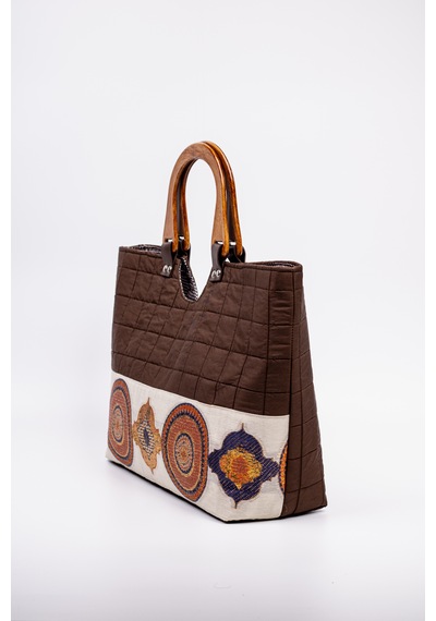 Fabric Craft Bag Ahşap Saplı El Çantası Kahverengi Kapitone 46x30 Cm Kahverengi