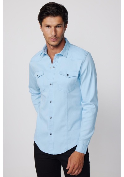 Tudors Slim Fit Gündelik Denim Mavi Erkek Gömlek-28026-mavi Mavi