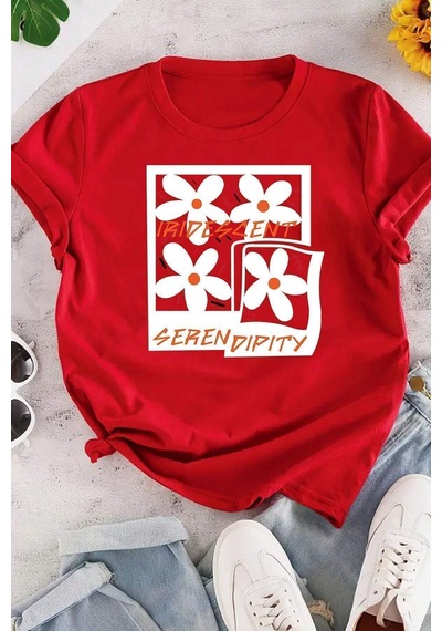 Uyguntarz Unisex Serendipity Baskılı Oversize Tshirt Kırmızı