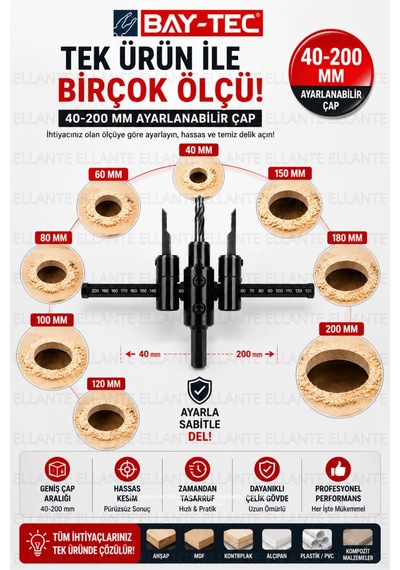 Bay-tec 40-200 Mm Ayarlı Delme Panç Seti Ahşap Mdf Alçıpan Pvc Delik Açma Aparatı