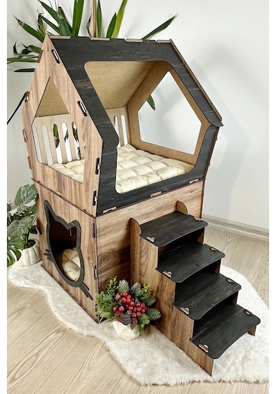 Mavitrend Ahşap Büyük Kedi Evi Xxl Açık Teraslı Model
