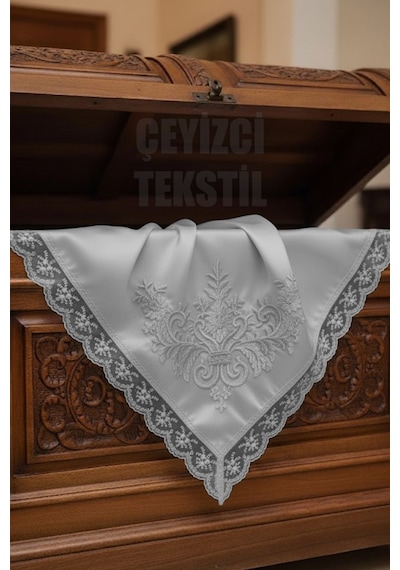 Fransız Güpürlü Işlemeli, Çeyizlik Saten Lüks Bohça, Nişan Bohçası - Gri