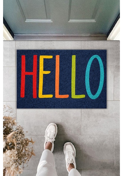 Rugmood Modern Dijital Baskı - Popüler Renkli Welcome - Kapı Önü Paspası Lacivert