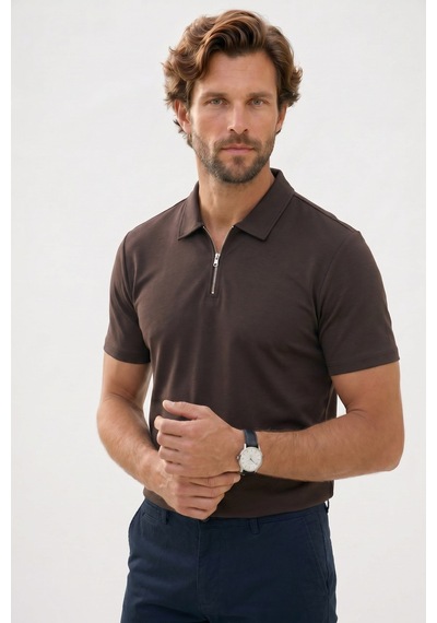Tudors Erkek Slım Fit Dar Kesim Soft Modal Kumaş Kısa Kollu Yarım Fermuarlı Kahverengi Polo Yaka Tişört-51036
