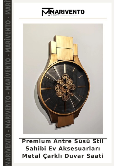 Premium Antre Süsü Stil Sahibi Ev Aksesuarları Metal Çarklı Duvar Saati