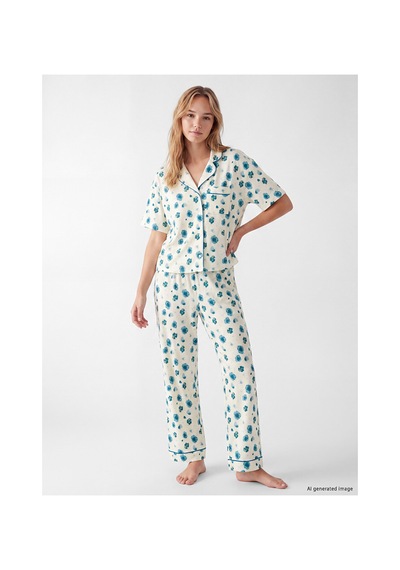Lcw Dream Ekru Gömlek Yaka Çiçekli Kadın Pijama Takımı