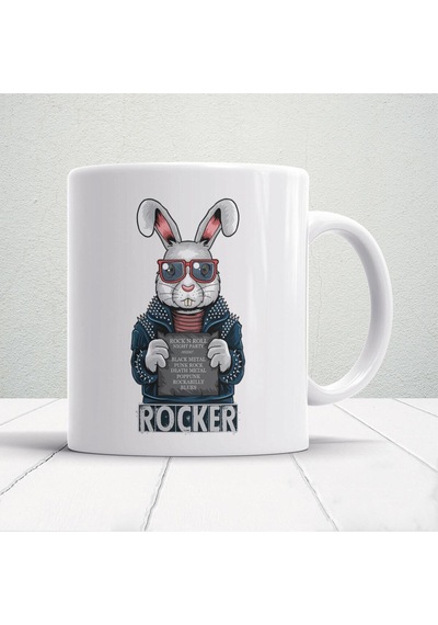 Rockçı Tavşan Kupa Bardak - Rocker Rabbit Kupa Beyaz