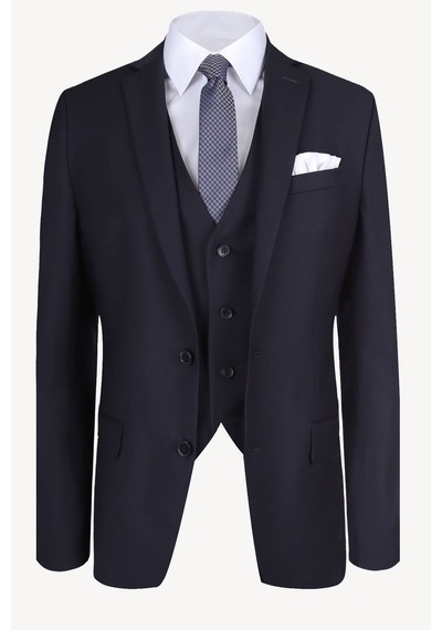 Erkek Lacivert Slim Fit Yelekli Takım Elbise
