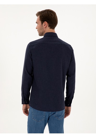 Cacharel Lacivert Slim Fit Pamuk Karışımlı Yakası Düğmeli Flanel Gömlek