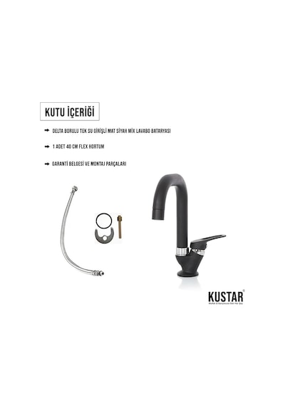 Kustar Siyah Mermerden Tek Su Girişli Kare Baston Lavabo Musluğu Siyah