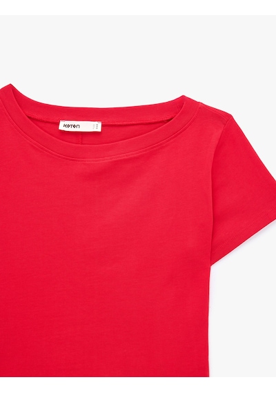 Koton Pamuklu Slim Fit Düşük Omuz Kayık Yuvarlak Yaka Kısa Kollu Tişört Kırmızı 6sak50412ek