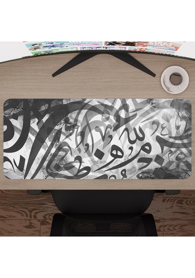 Kaligrafi Dikişli Kenar Oyuncu Gaming Mouse Pad Kauçuk Kaymaz Taban Mousepad Siyah, 70x30 Xl
