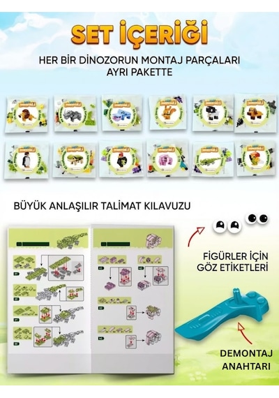 12 İn 1 Hayvanlar Alemi Eğitici Yapı Blokları Seti - 295 Parça Sök Tak Mamut Ve Figür Oyuncak