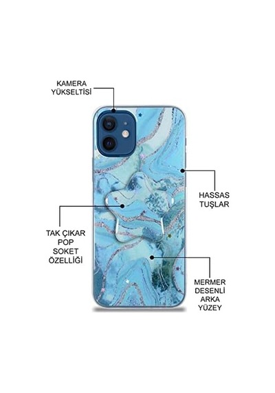 Apple İphone 11 İle Uyumlu Kapak Mermer Desenli Pop Socketli Silikon Kılıf - Beyaz 50 x 22
