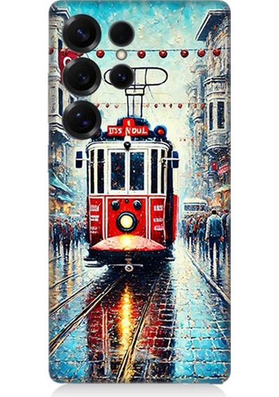 Samsung Galaxy S25 Ultra Uyumlu Yağmurlu Sokakta Kırmızı Tramvay Desenli Silikon Kılıf Çok Renkli