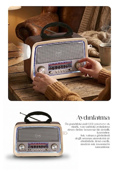 Bluetooth Nostaljik Speaker Fm/am/sw Radyo Şarj Edilebilir Aydınlatmalı Retro Hoparlör