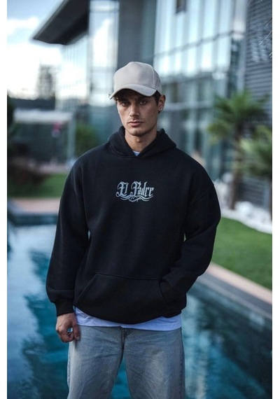Yake Store Üç İplik Penye Kapşonlu Baskılı Sweatshirt - Siyah - Siyah