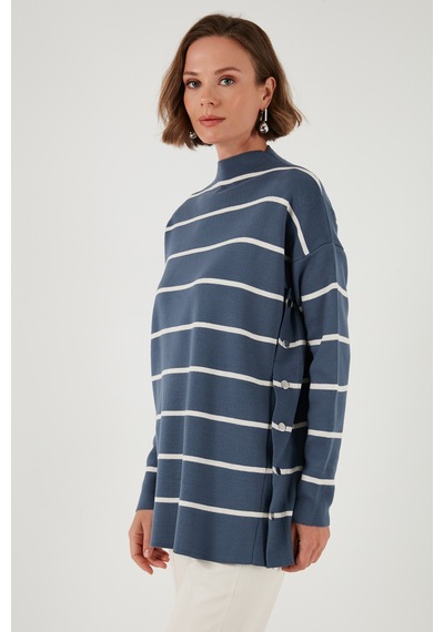 Lela Çizgili Dik Yaka Onesize Triko Bayan Kazak 4615197Y Indigo-Krem