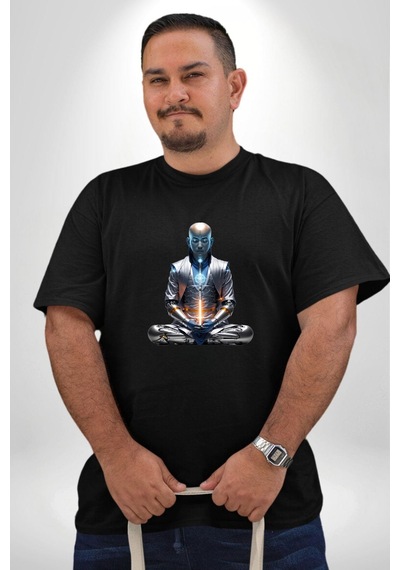 Angemiel Yeni Nesil Yoga Yapay Zeka Siyah Büyük Beden Erkek Kadın Unisex Basic Ön Baskılı Tişört Siyah