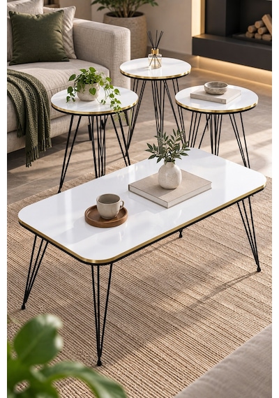 Sulorahome Siyah Tel Ayaklı Beyaz 4'lü Sehpa Seti
