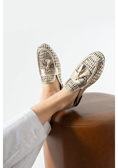 Dericia Shoes Fable Hakiki Deri Günlük Rahat Kadın Terlik Altın