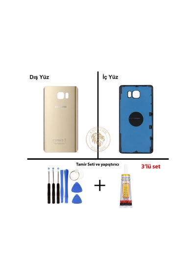Samsung Galaxy Note 5 Gold Renk Arka Kapak + Tamir Seti + B7000 Yapıştırıcı Arka Cam Batarya Kapağı Pil Kapağı Lazer Kesim Back Cover Galaxy Note 5 Uyumlu 83049712