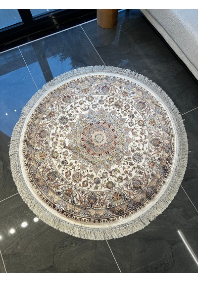 Orfe İpek Tuşeli Halı Salon Halısı, Oturma Odası Halısı, Antre Giriş Halısı Yuvarlak Bej