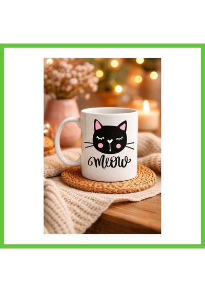 Bezos Sevimli Kedi Desenli Porselen Kupa Model 63 Meow Yazılı Kahve & Çay Keyfi İçin Tatlı Tasarım Dmc Diğer