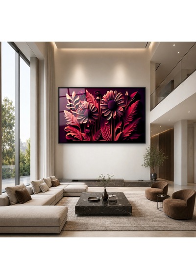 Pembe Kağıt Kesim Çiçekler Siyah Çerçeveli Cam Tablo