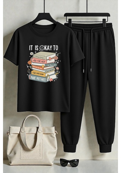Uyguntarz Unisex Its Okay To Tasarım Baskılı Tişört - 2'li Eşofman Takımı Siyah