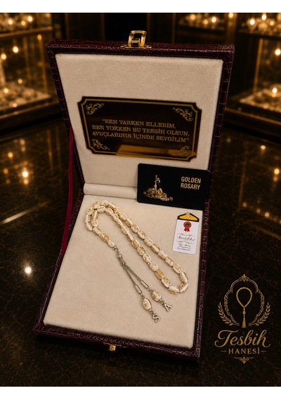 Özel Yazılı Ve Özel Kutulu 24k Altın Parçacıklı Beyaz Tesbih Sertifikalı Kisiye Özel Harfli Hediye